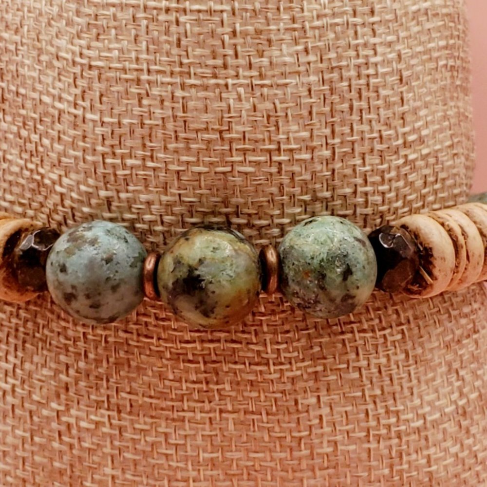 African Turquoise, Bronzite, Copper and Coconut Husk Beads Bracelet - Picture 4 of 5